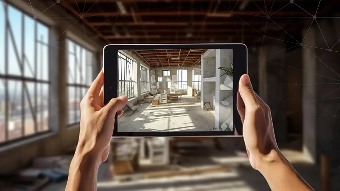Manos sosteniendo una tablet con la visualización 3D de un proyecto de reforma en obra